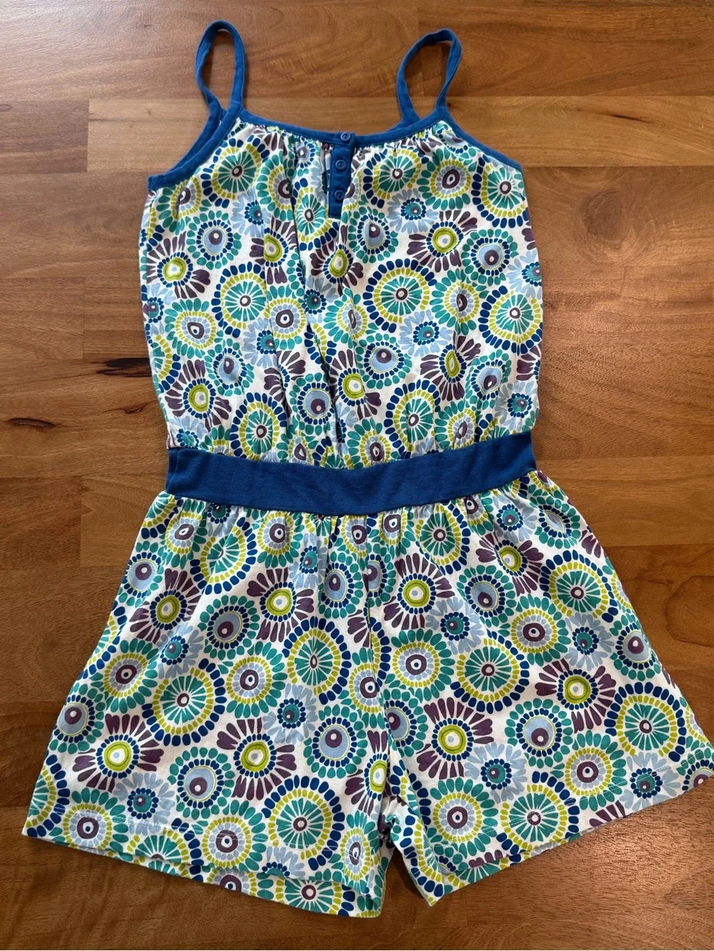 Tea Collection Blue Floral Geometric Romper with Green & Purple Accents Size 12
